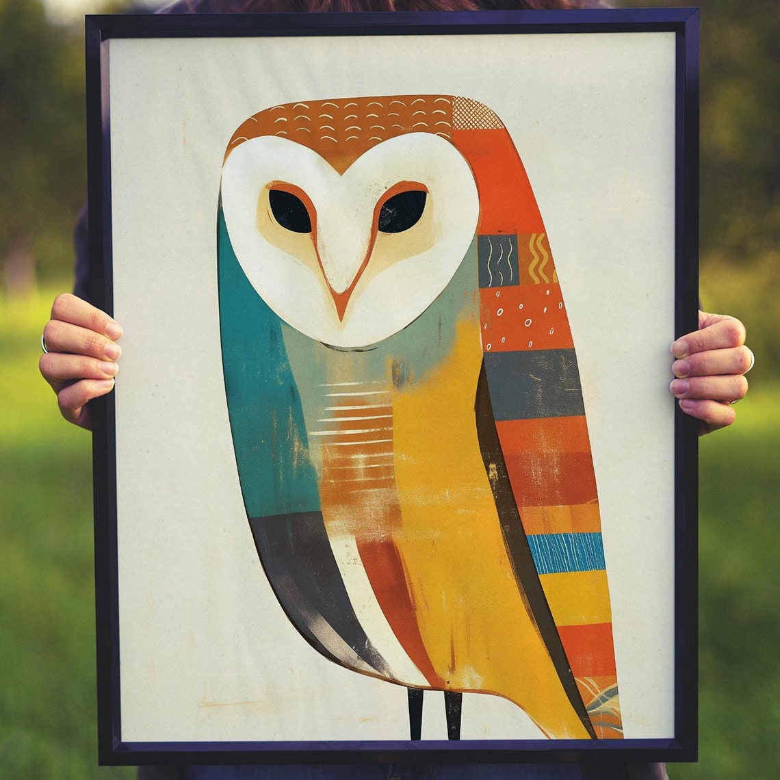 Mid-Century Geometric Barn Owl in Teal and Mustard Tones Poster