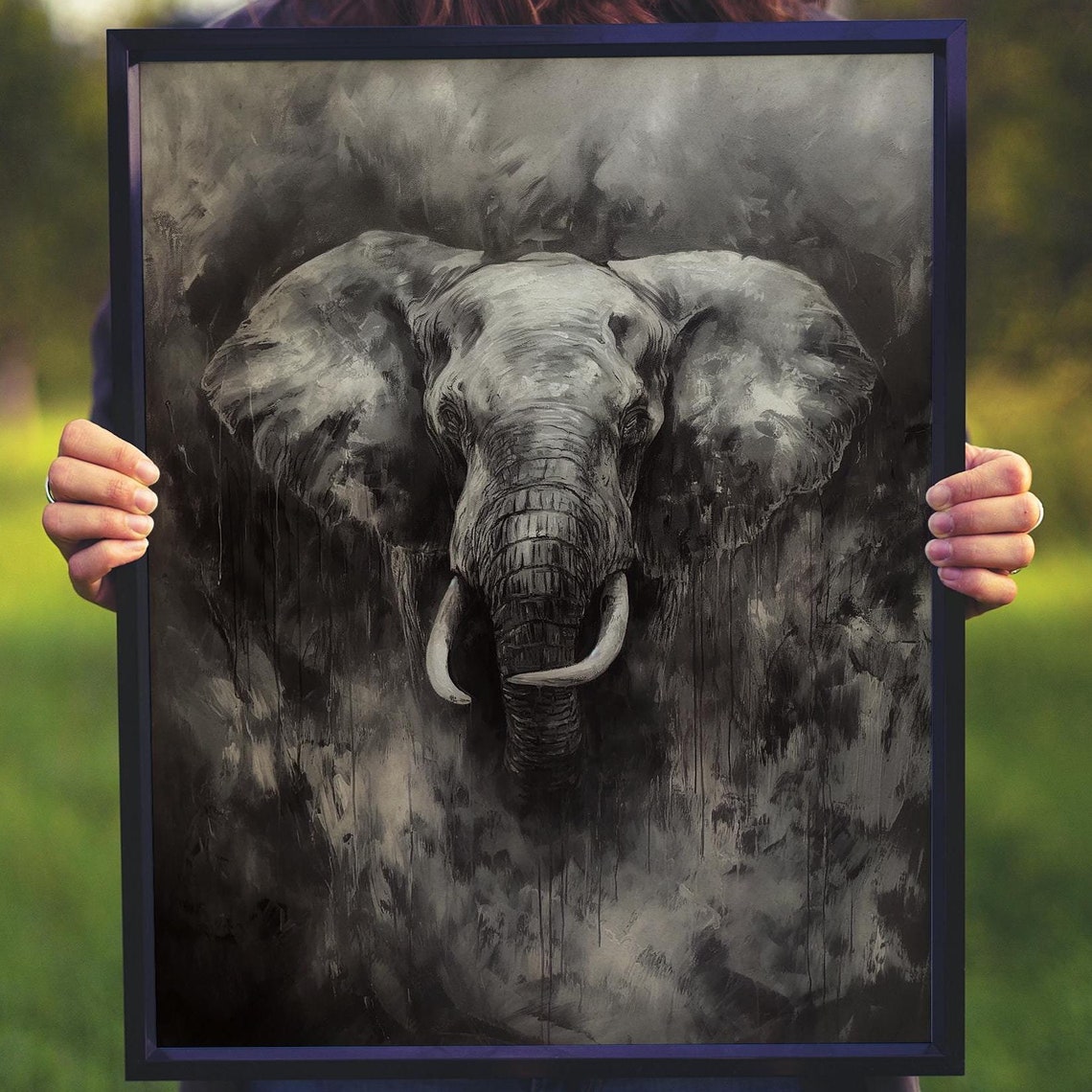 African Elephant Head Charcoal Style Dramatic Wildlife Art Poster - Image 5