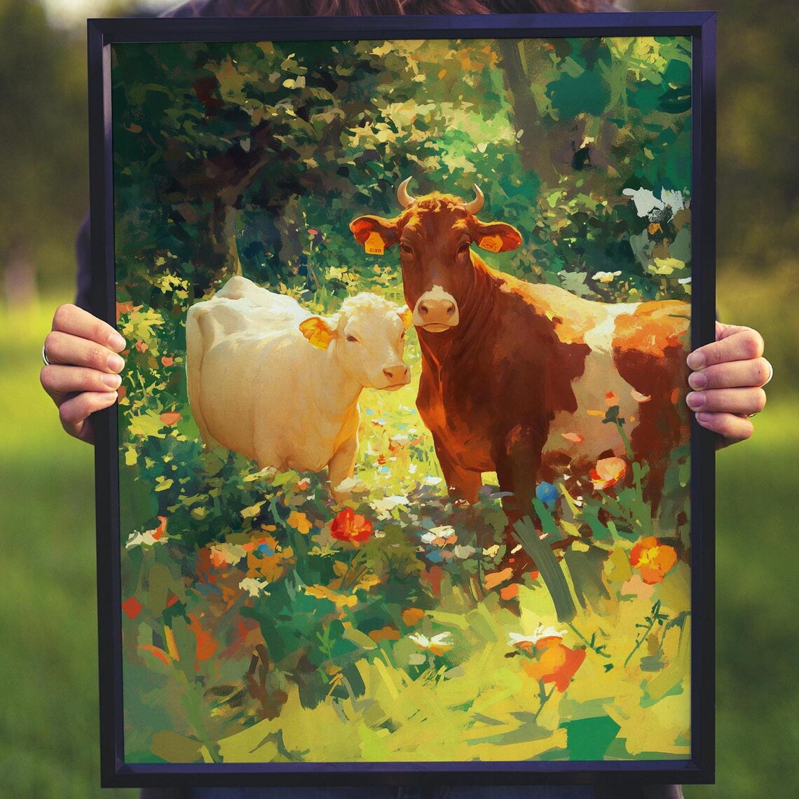 Brown Cow and White Calf in a Sunny Wildflower Meadow Poster