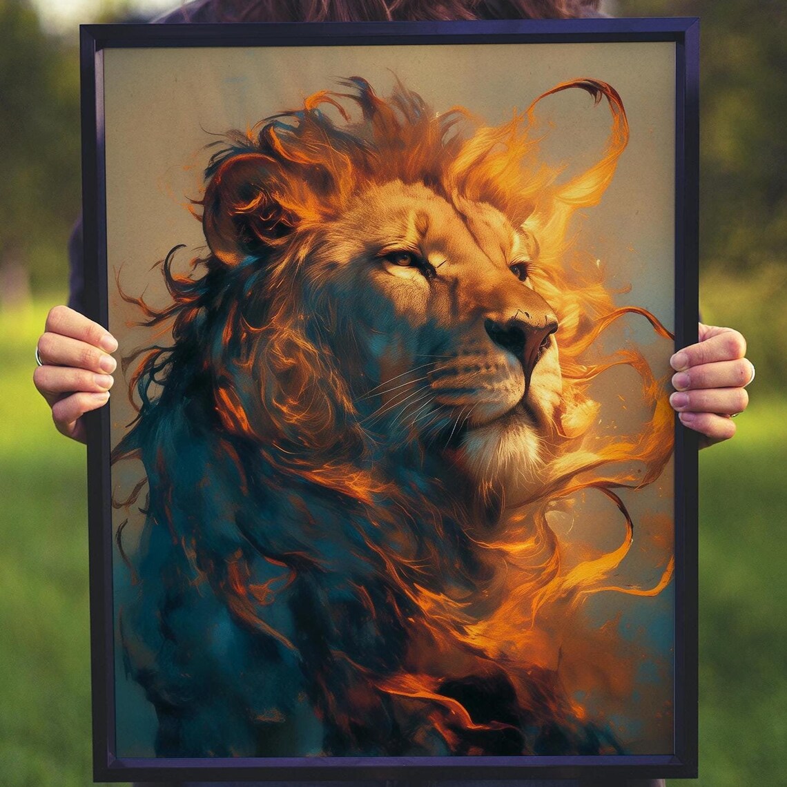 Regal Lion Profile with a Fiery Mane in Teal and Amber Poster - Image 5
