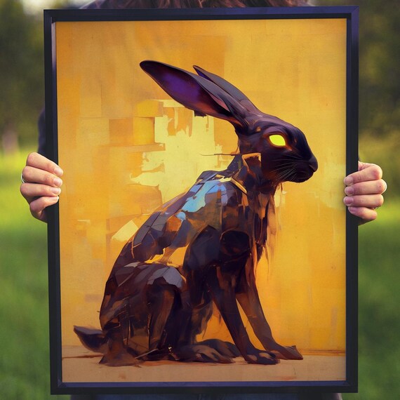 Dark Stylized Rabbit With Glowing Yellow Eyes on Golden Background Poster