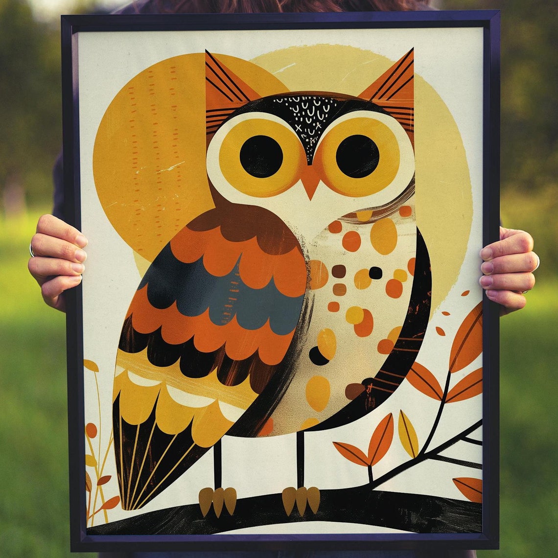Whimsical Folk Art Owl on a Branch with a Warm Golden Sun Poster