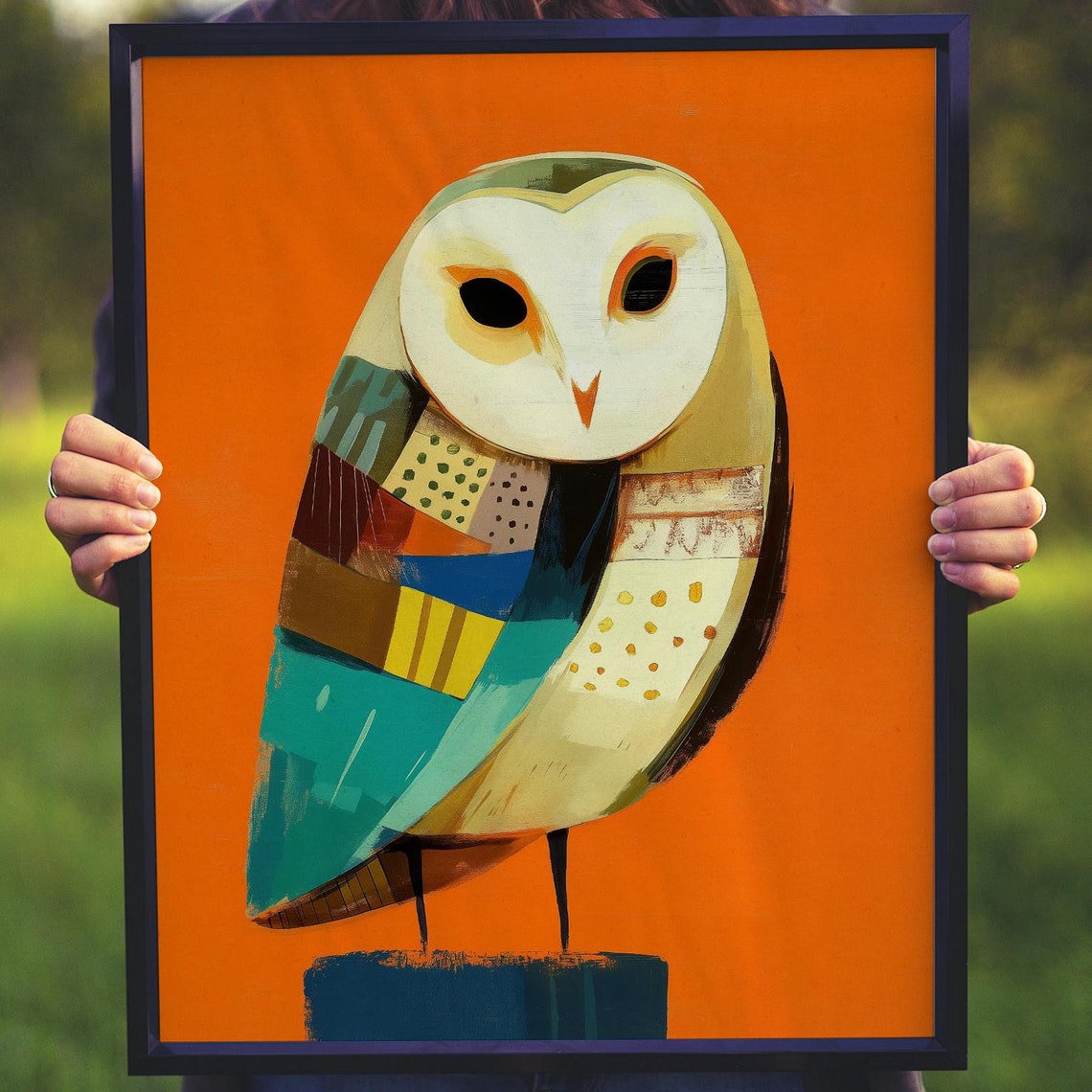 Geometric Patchwork Barn Owl on a Bold Orange Background Art Poster