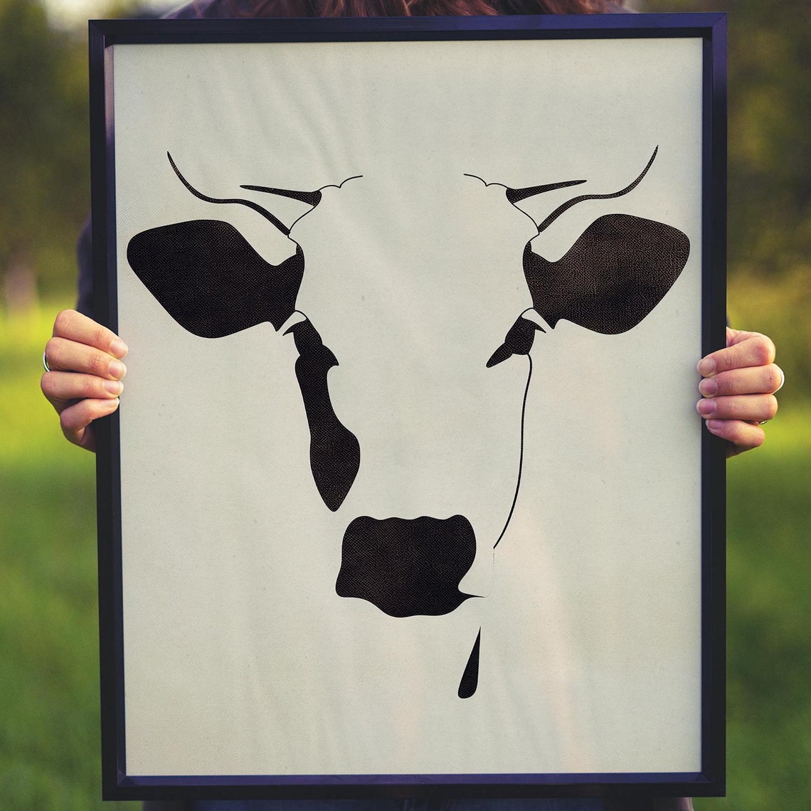 Minimalist Black Silhouette Cow Head on White Background Poster