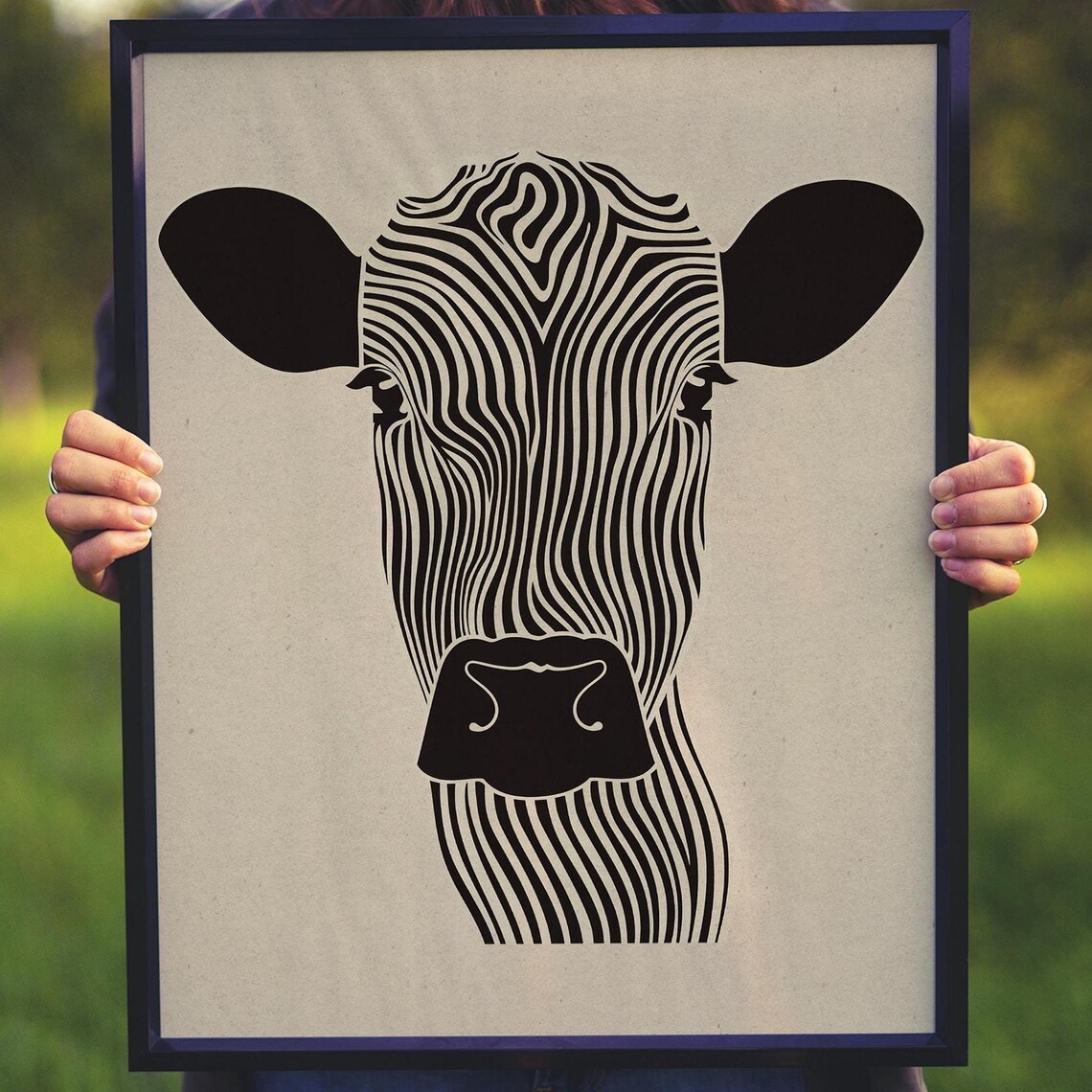 Bold Graphic Black and White Zebra-Striped Cow Head Line Art Poster