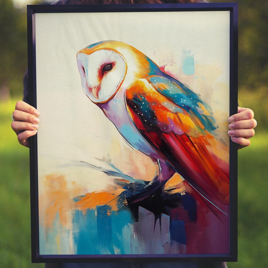 Barn Owl in Profile With Rainbow Painted Plumage on Cream Poster
