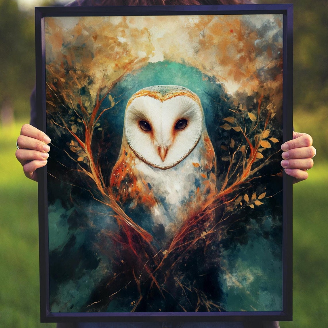 Barn Owl in Dark Teal Branches with a Mystical Night Glow Poster