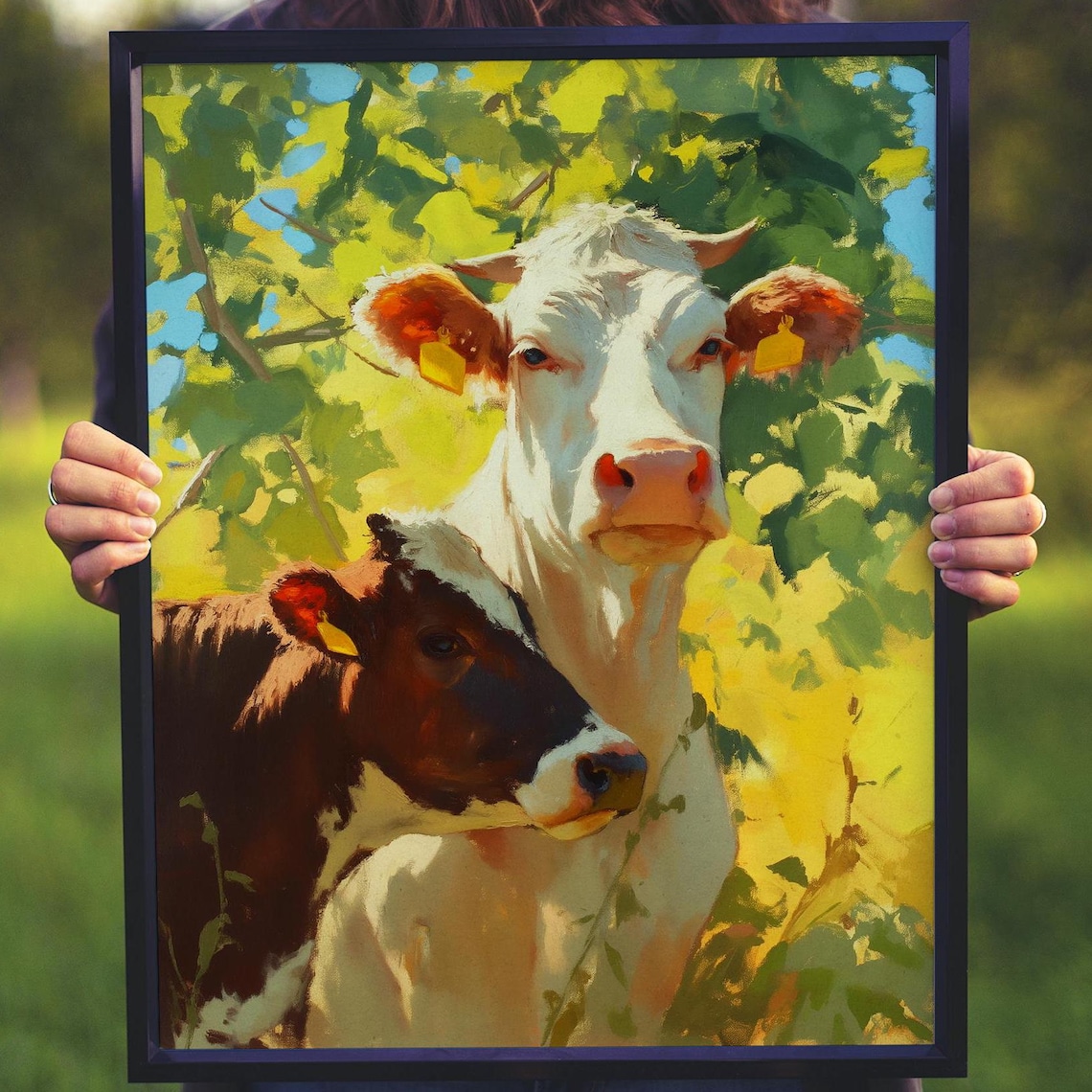 Sweet White Cow and Calf Together Under Sunlit Green Leaves Poster