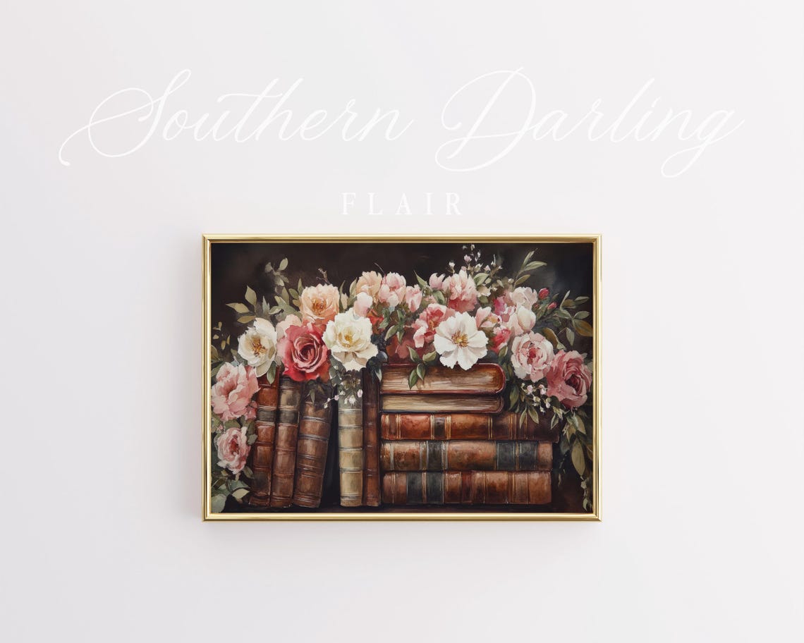 Vintage Books Stack With Pink Roses Dark Floral Library Art Poster - Image 3