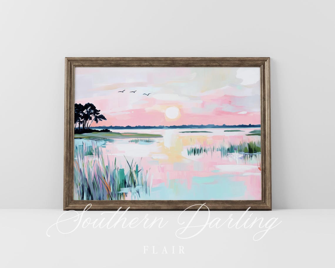 Pastel Marsh Sunset Wetland Birds Coastal Landscape Painting Poster - Image 4