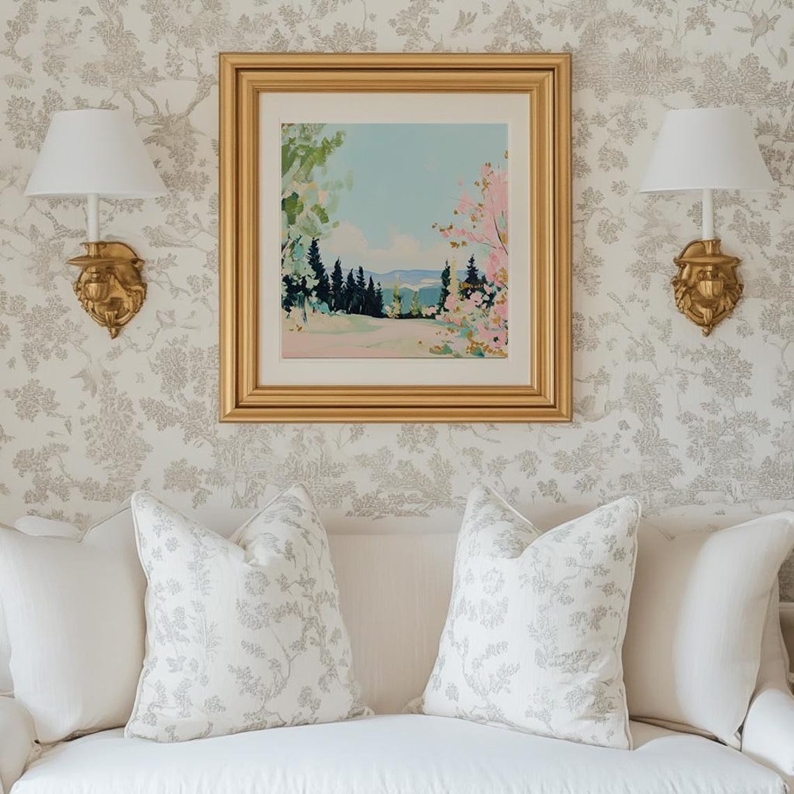 Pastel Mountain Landscape With Pine Trees And Pink Blossoms Poster - Image 5