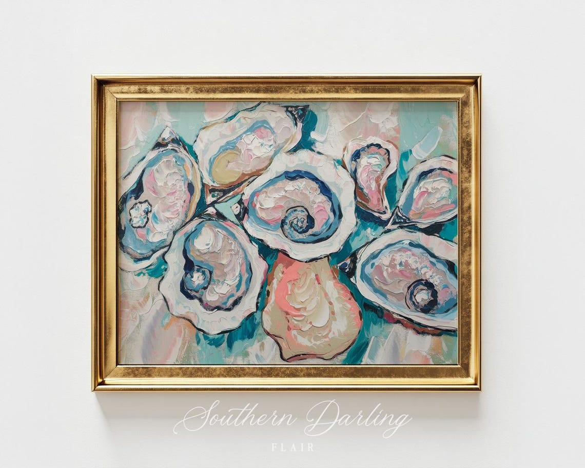Colorful Oyster Shells Impasto Painting Teal Coastal Kitchen Poster