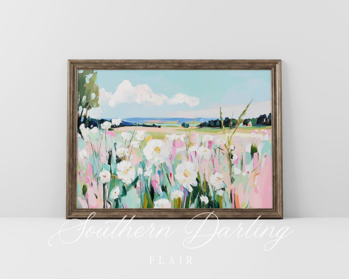 Pastel Wildflower Meadow With White Daisies Spring Landscape Poster - Image 5
