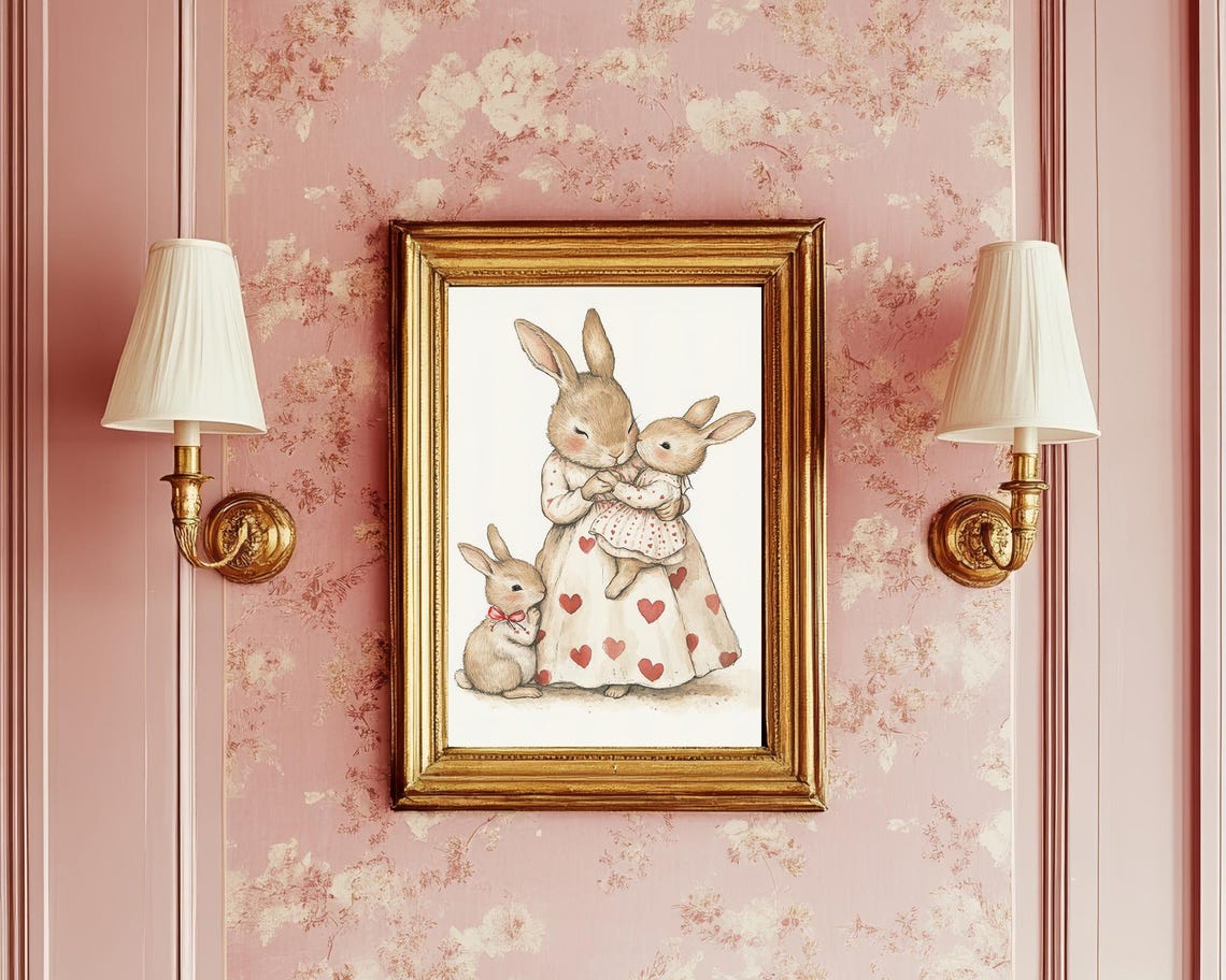 Mother Rabbit Hugging Two Baby Bunnies Heart Dress Nursery Poster - Image 2