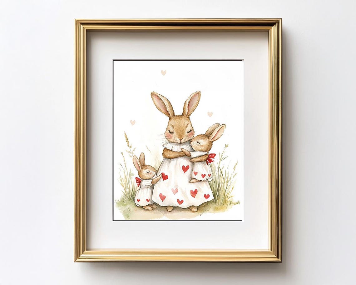 Mama Rabbit With Baby Bunnies Heart Dress Nursery Watercolor Poster - Image 4