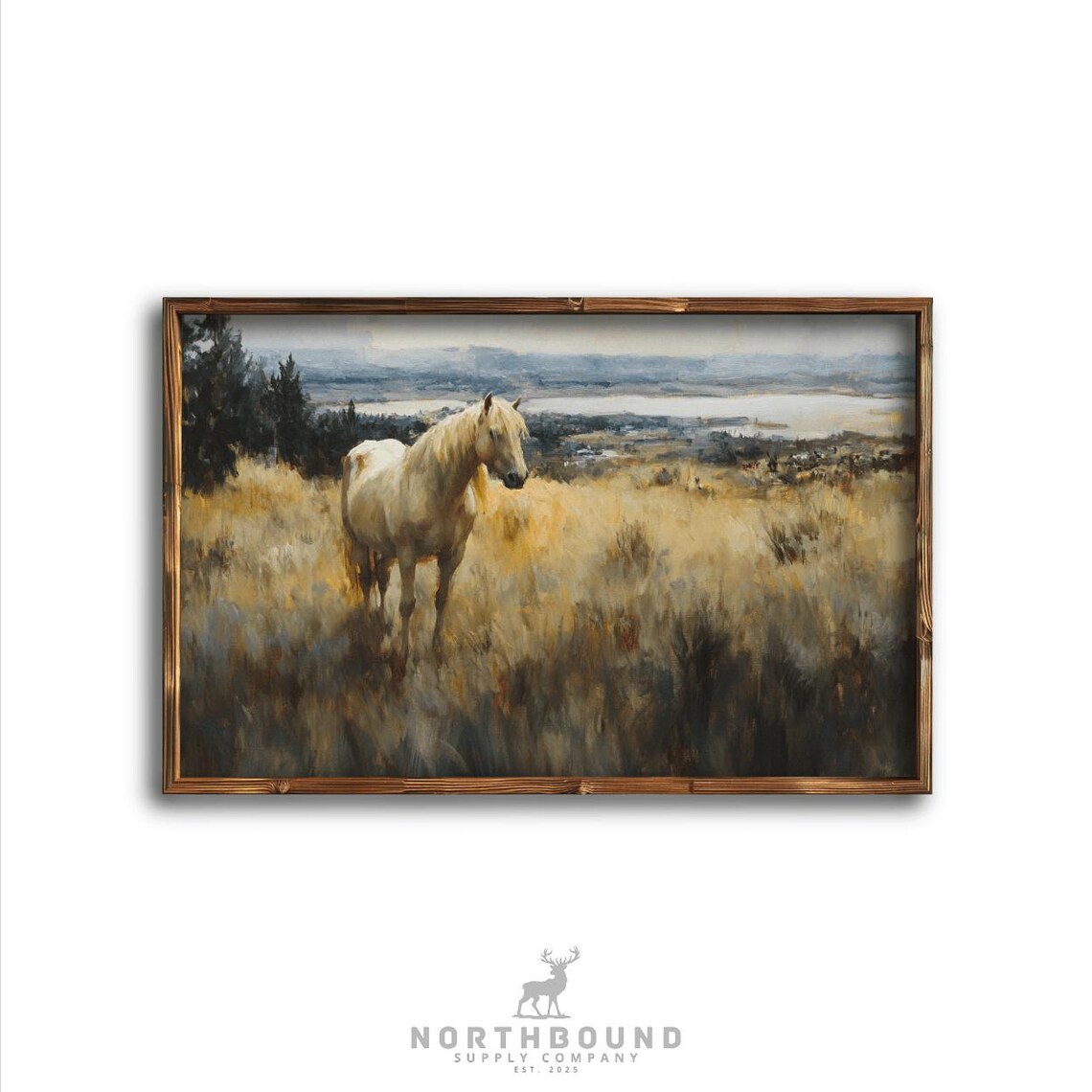 White Horse Standing In Golden Pasture Hills Painting Poster