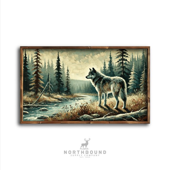 Wolf Standing By River In Pine Forest Wildlife Painting Poster