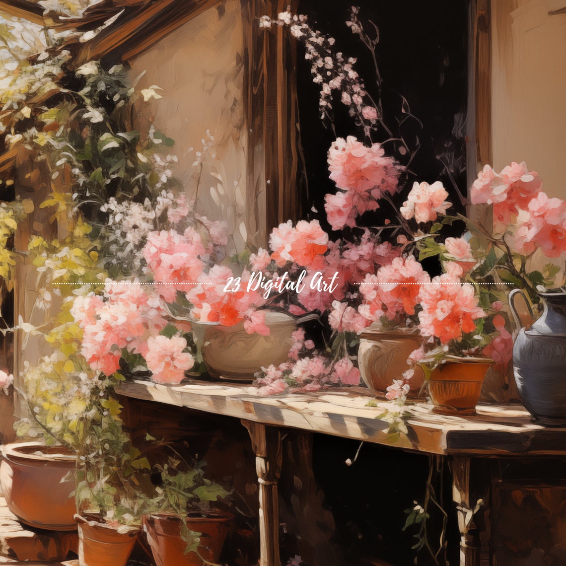 Sunlit Courtyard Pink Geraniums Spring Farmhouse Garden Art Poster - Image 3