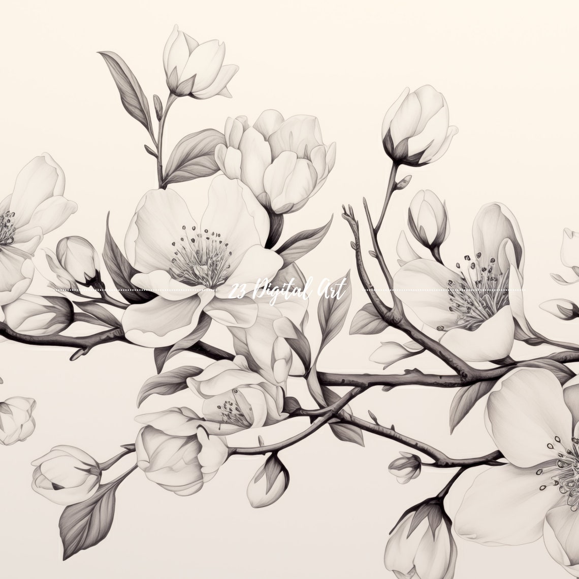 Minimalist Black White Blossom Branch Line Drawing Art Print - Image 3