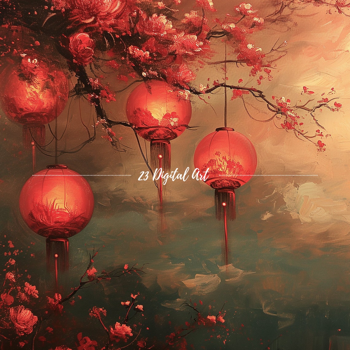 Red Lanterns Cherry Blossom Branches Misty Water Painting Print - Image 3