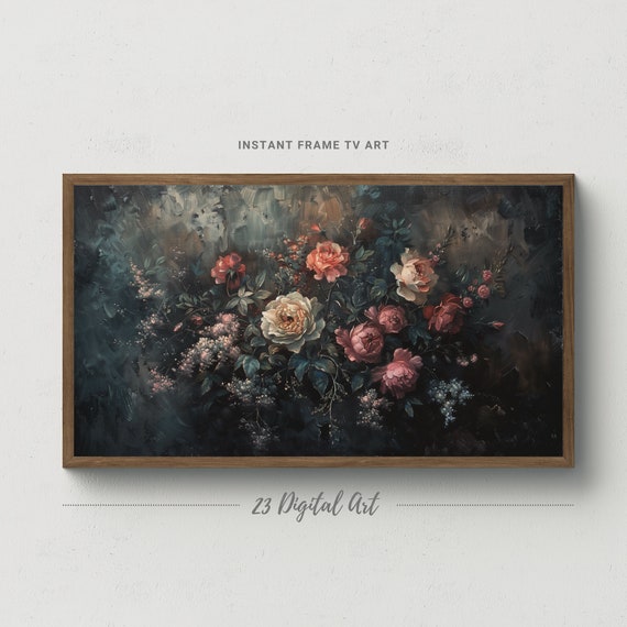 Frame Tv Art Rustic Oil Painting Of Moody Roses Vintage Floral Classic Neutral Floral Botanical Tv Art 115