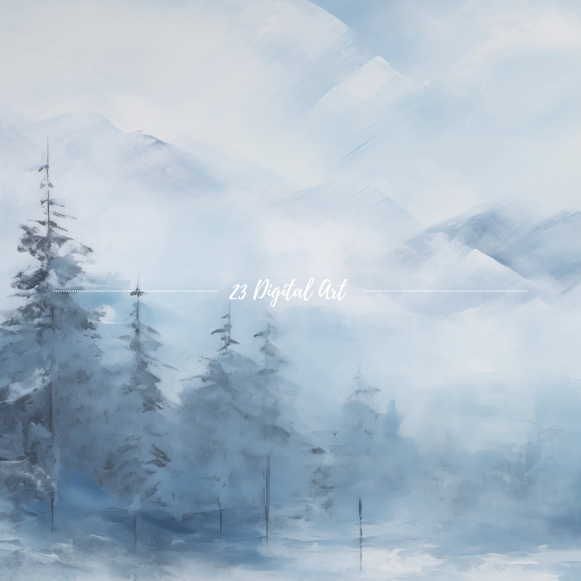 Blue Snowy Mountain Forest Misty Winter Landscape Art Poster - Image 3
