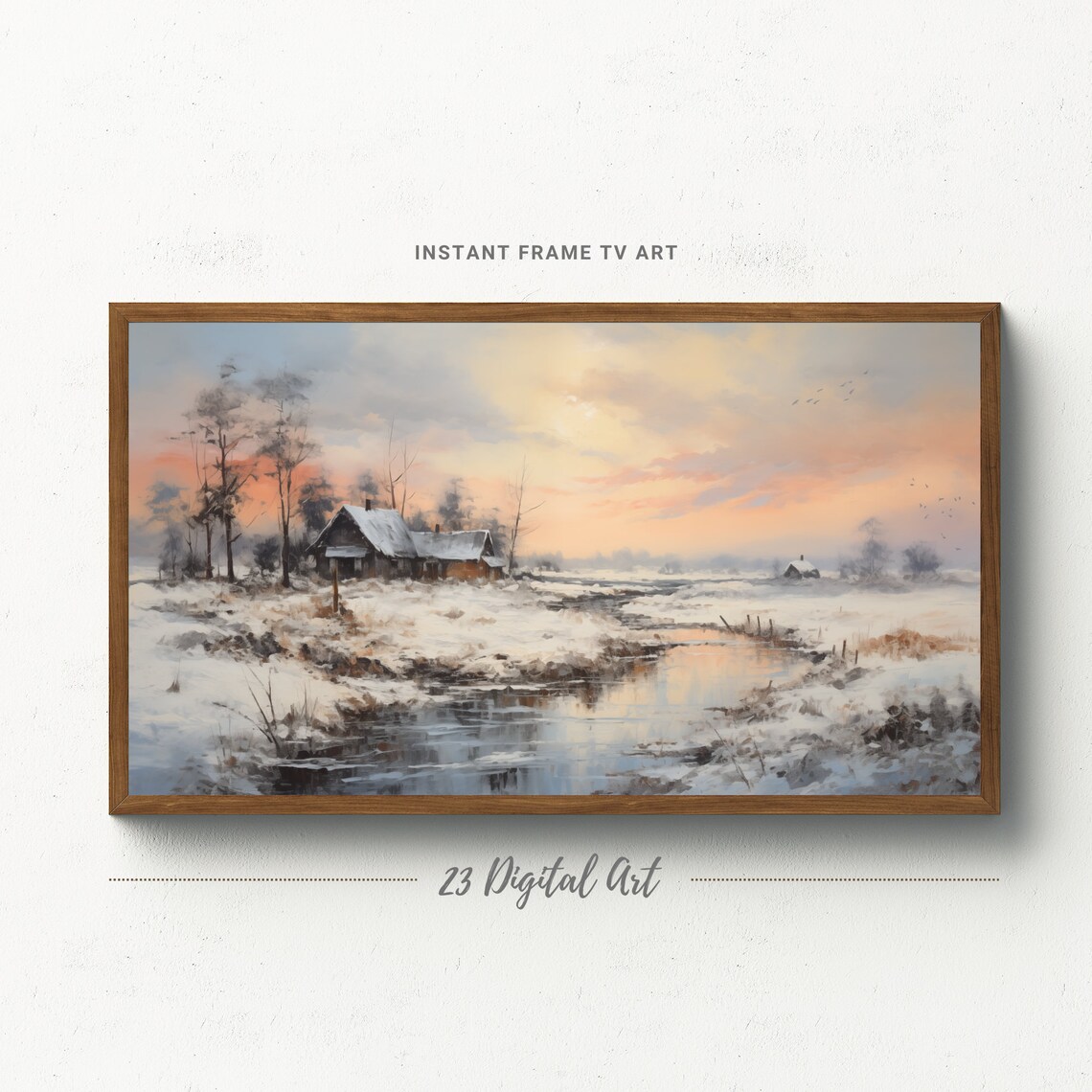 Snowy Village Pink Sunset Cabin Pond Winter Painting Art Poster