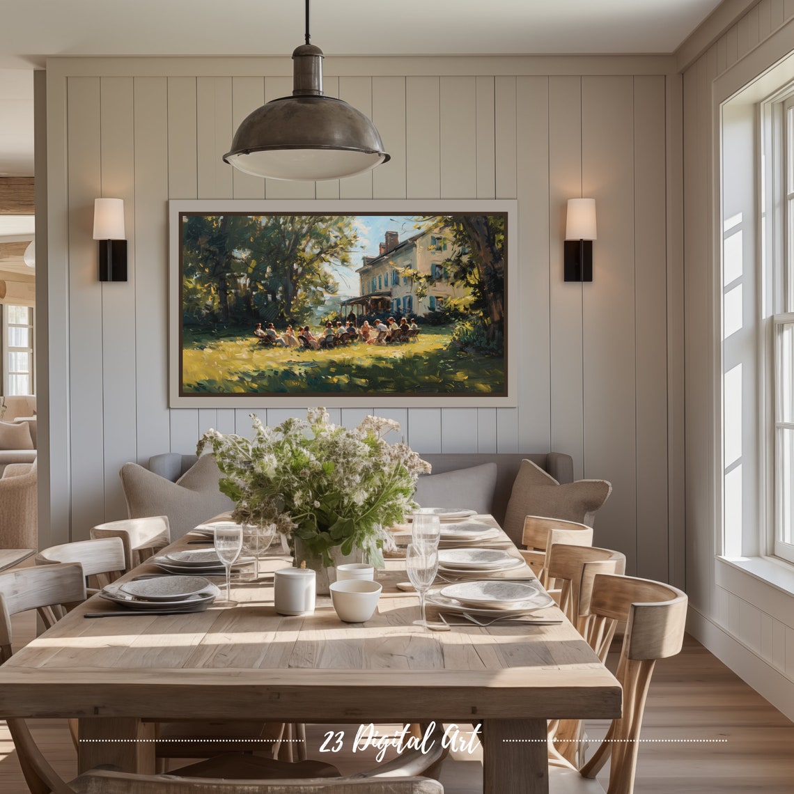 Frame Tv Art Summer Landscape Oil Painting Family Gathering In The Backyard Classic Neutral Country Earthy Green Garden Tv Art 127 - Image 3