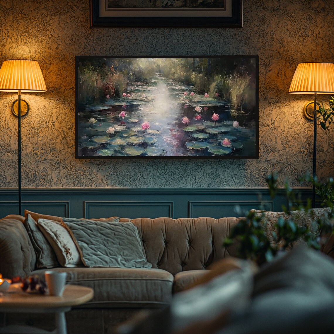 Water Lily Pond Pink Lotus Misty Impressionist Garden Art Print - Image 5