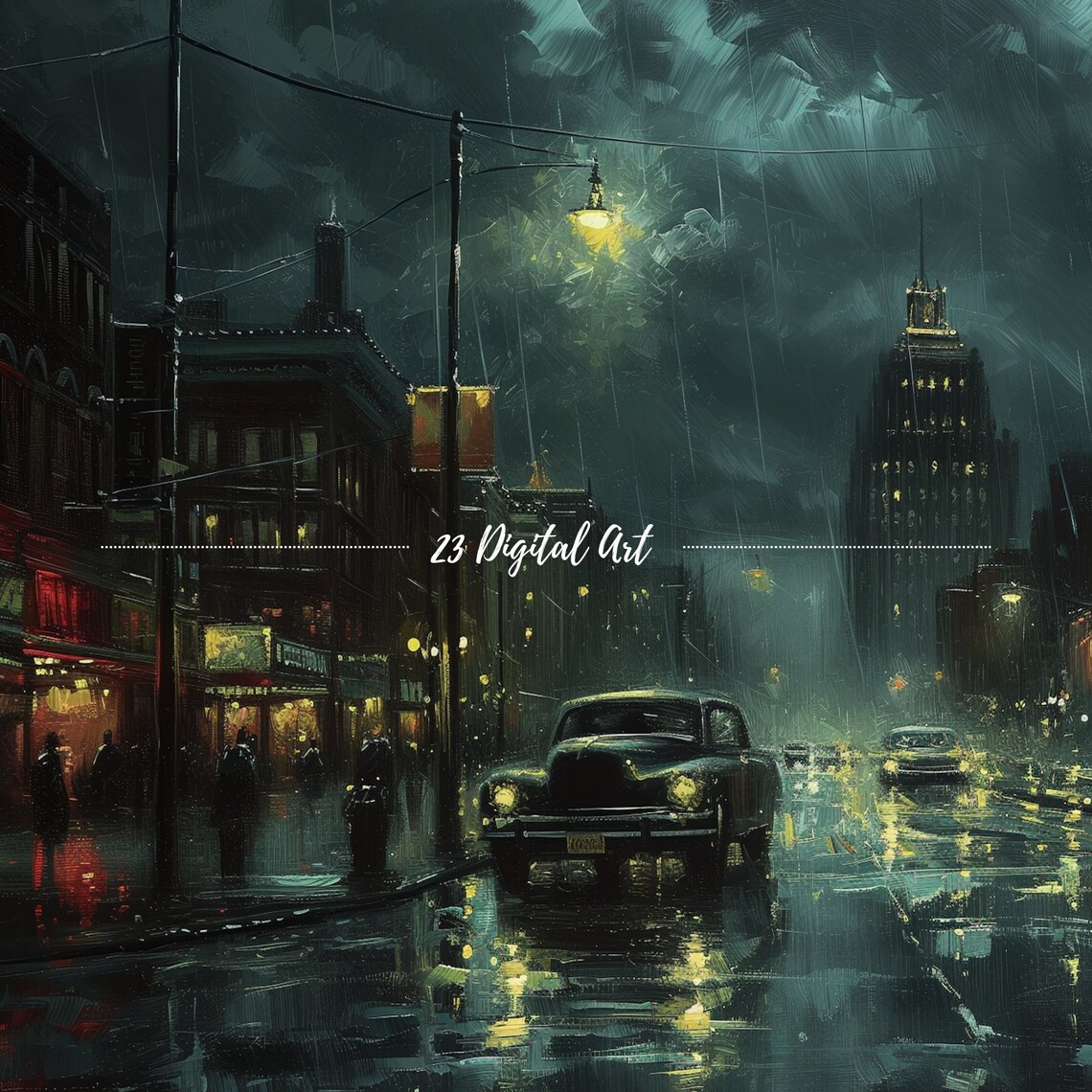 Vintage Rainy Night City Street Classic Cars Neon Art Poster - Image 7
