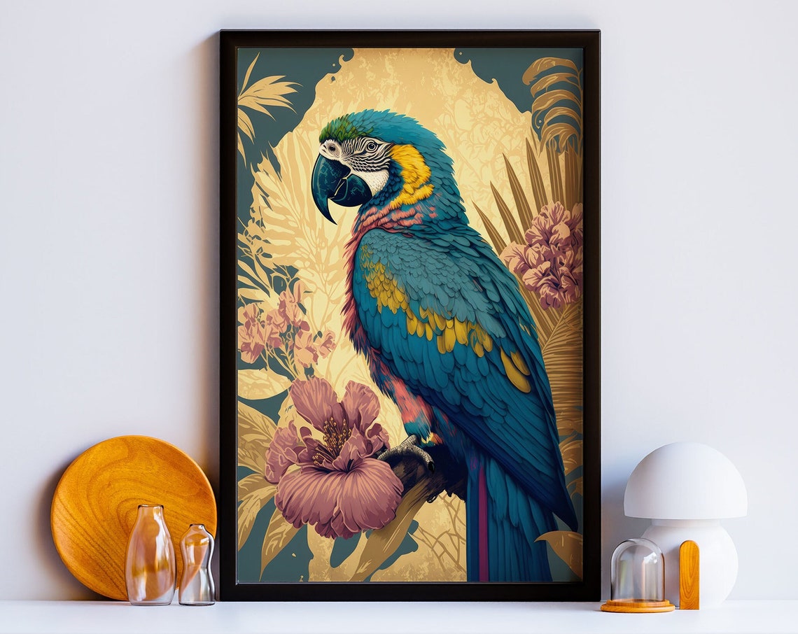 Blue And Yellow Macaw Poster Tropical Hibiscus Flowers Gold Decor