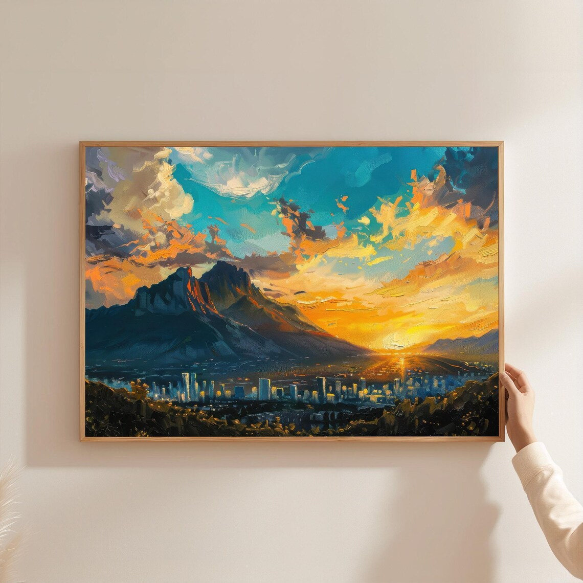 City Skyline Sunset River Mountains Golden Hour Oil Painting Poster