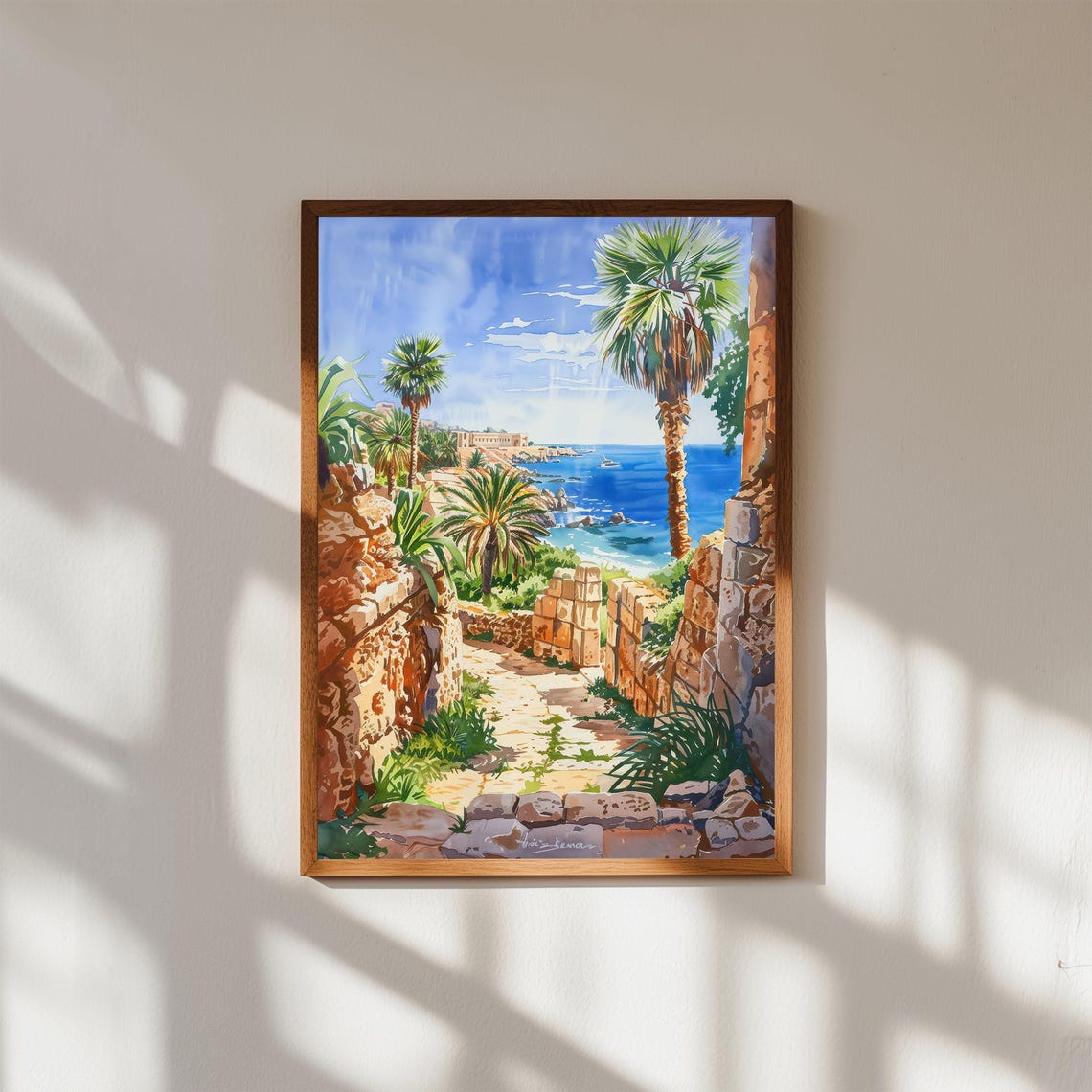 Carthage Stone Path Palm Trees Mediterranean Coast Watercolor Poster