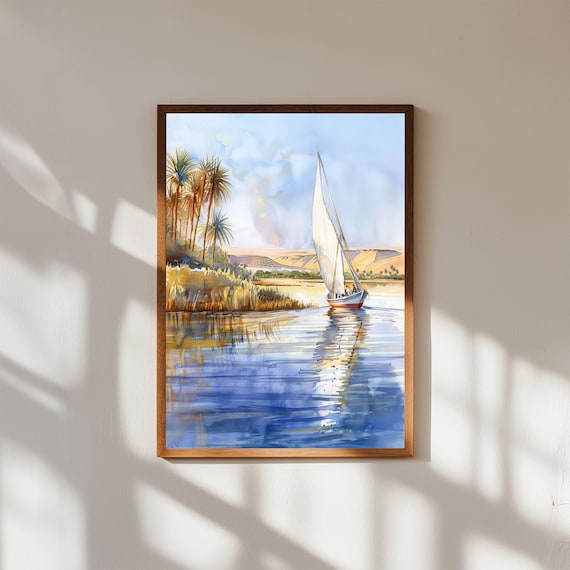 Nile River Felucca Sailboat Palm Watercolor Egyptian Scene Poster