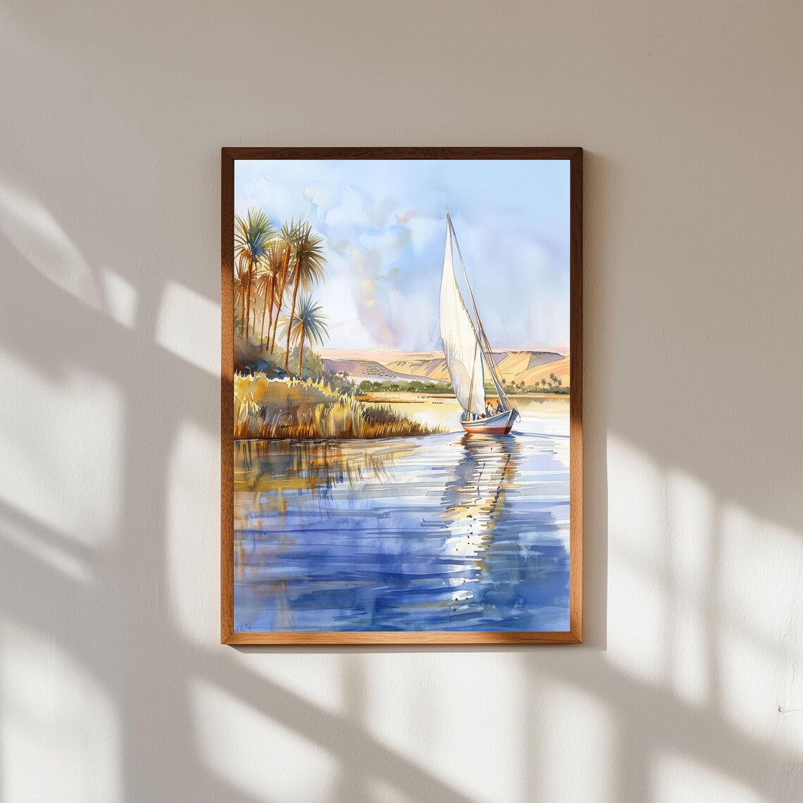 Nile River Felucca Sailboat Palm Watercolor Egyptian Scene Poster