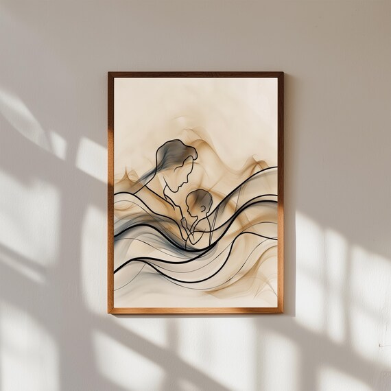 Abstract Parent And Child Line Art Beige Wave Modern Family Art Poster