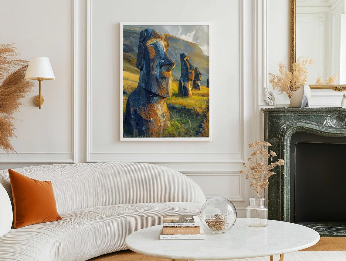 Easter Island Moai Statues Golden Grass Rapa Nui Stone Art Poster