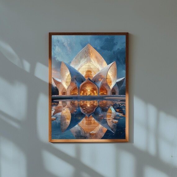 Lotus Temple Delhi Night Illuminated Marble Reflection Scenic Poster