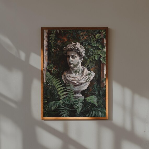 Marble Bust with Lush Ferns Dark Academia Classical Study Poster