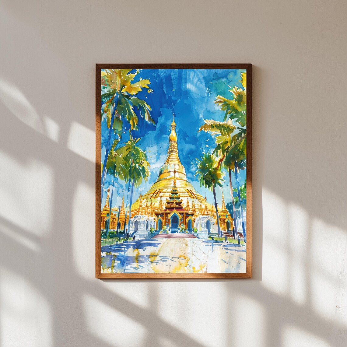 Shwedagon Pagoda Myanmar Golden Temple Palms Watercolor Print