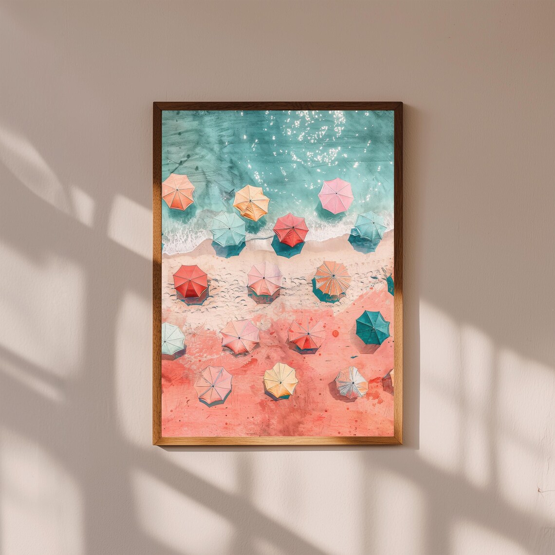 Aerial Beach Umbrellas Pink Sand Turquoise Sea Summer Watercolor Print