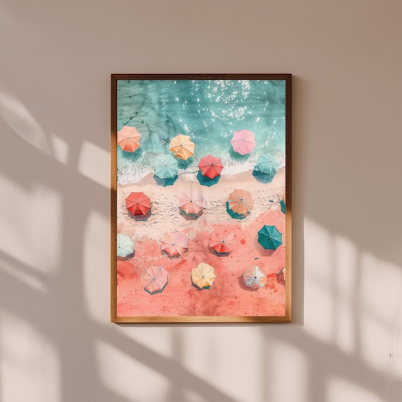 Aerial Beach Umbrellas Pink Sand Turquoise Sea Summer Watercolor Print