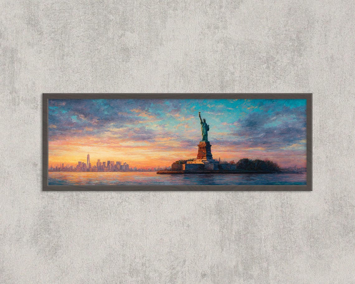 Statue Of Liberty Sunset Watercolor Print New York Skyline Panoramic Art