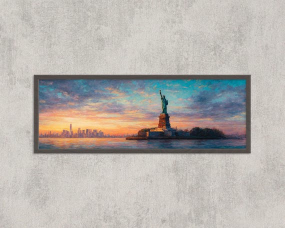 Statue Of Liberty Sunset Watercolor Print New York Skyline Panoramic Art