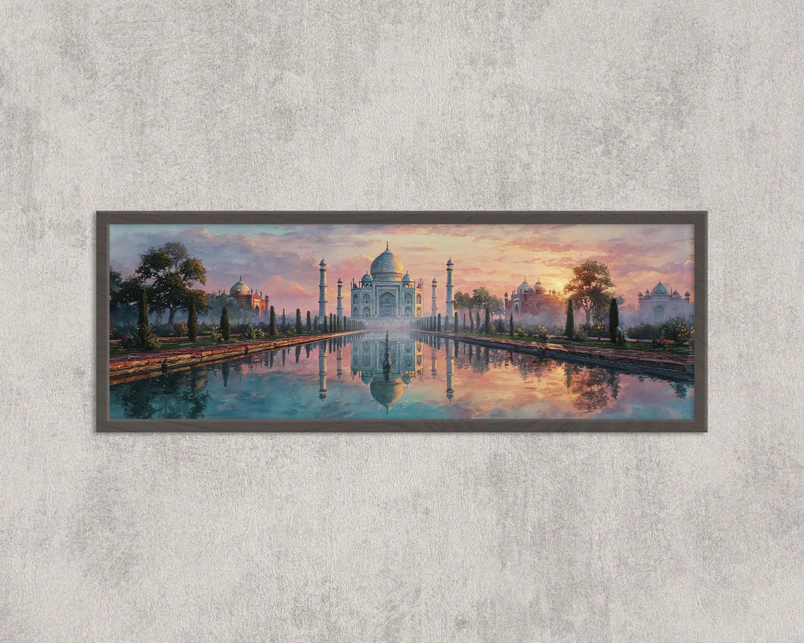 Taj Mahal India Sunset Reflection Watercolor Panoramic Art Print