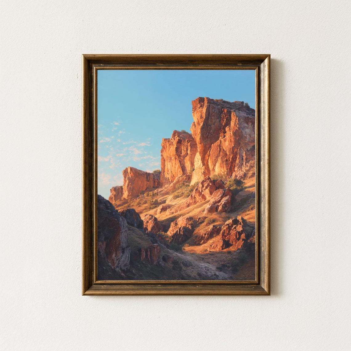 Red Rock Desert Cliffs Golden Light Canyon Landscape Painting Print