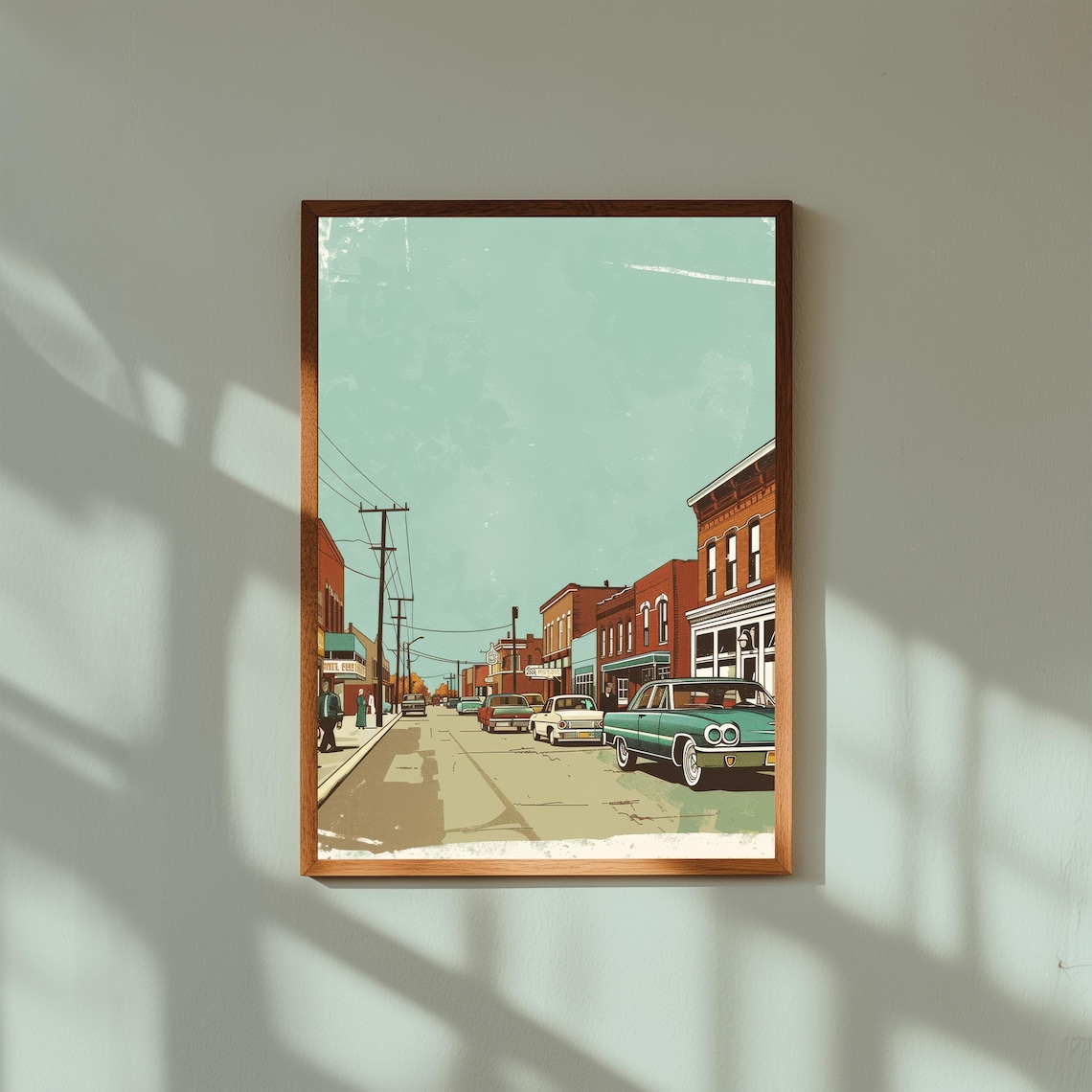 Vintage Main Street Americana Classic Cars Retro Town Scene Poster