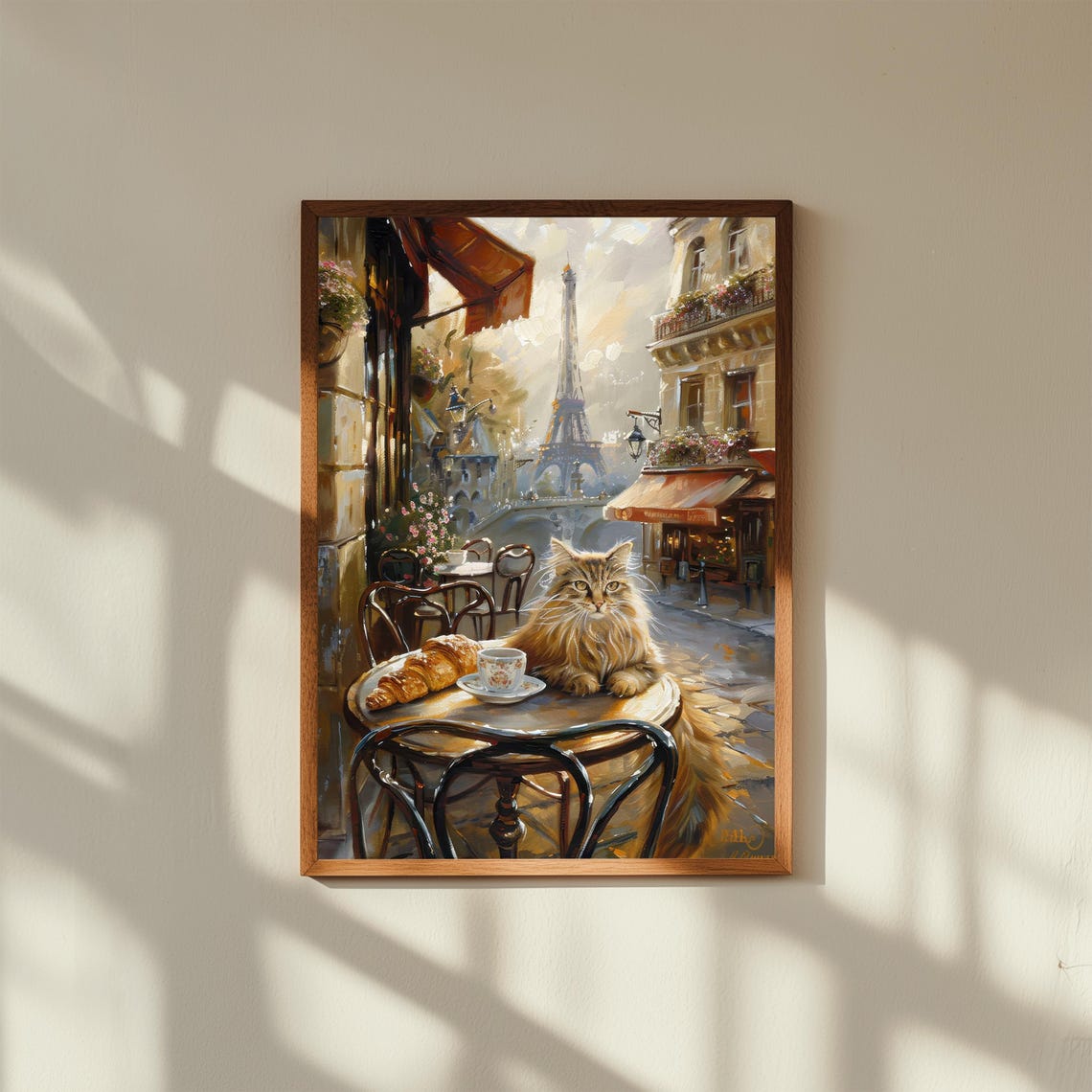 Fluffy Cat at Paris Cafe with Croissant and Eiffel Tower Poster