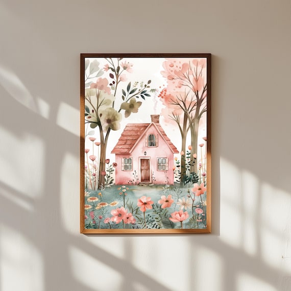 Pink Cottage With Flower Garden Watercolor Cozy Home Art Poster