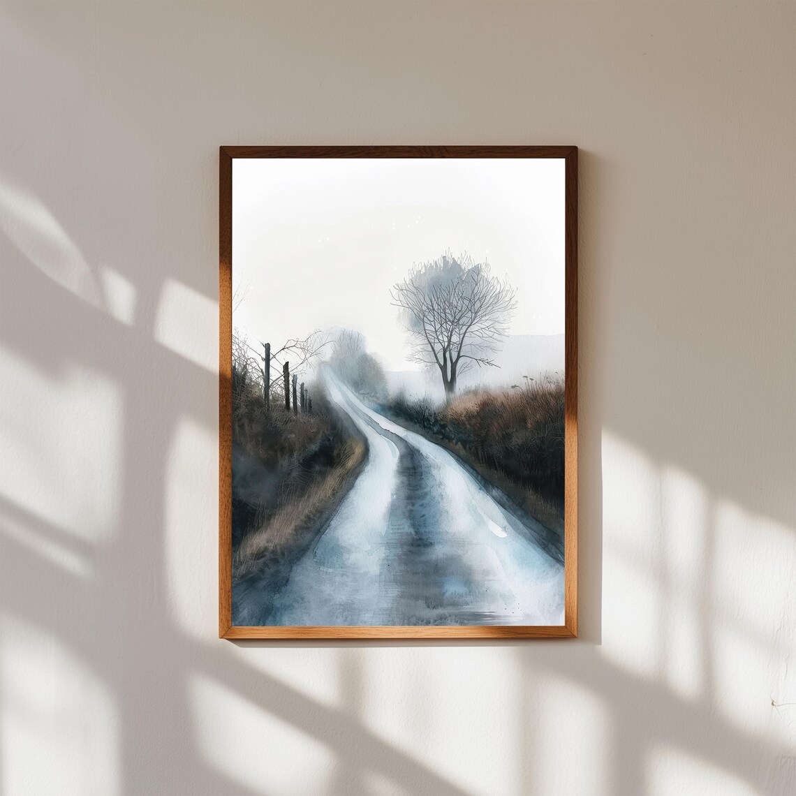 Misty Winter Country Lane Watercolor Bare Tree Morning Fog Art Print